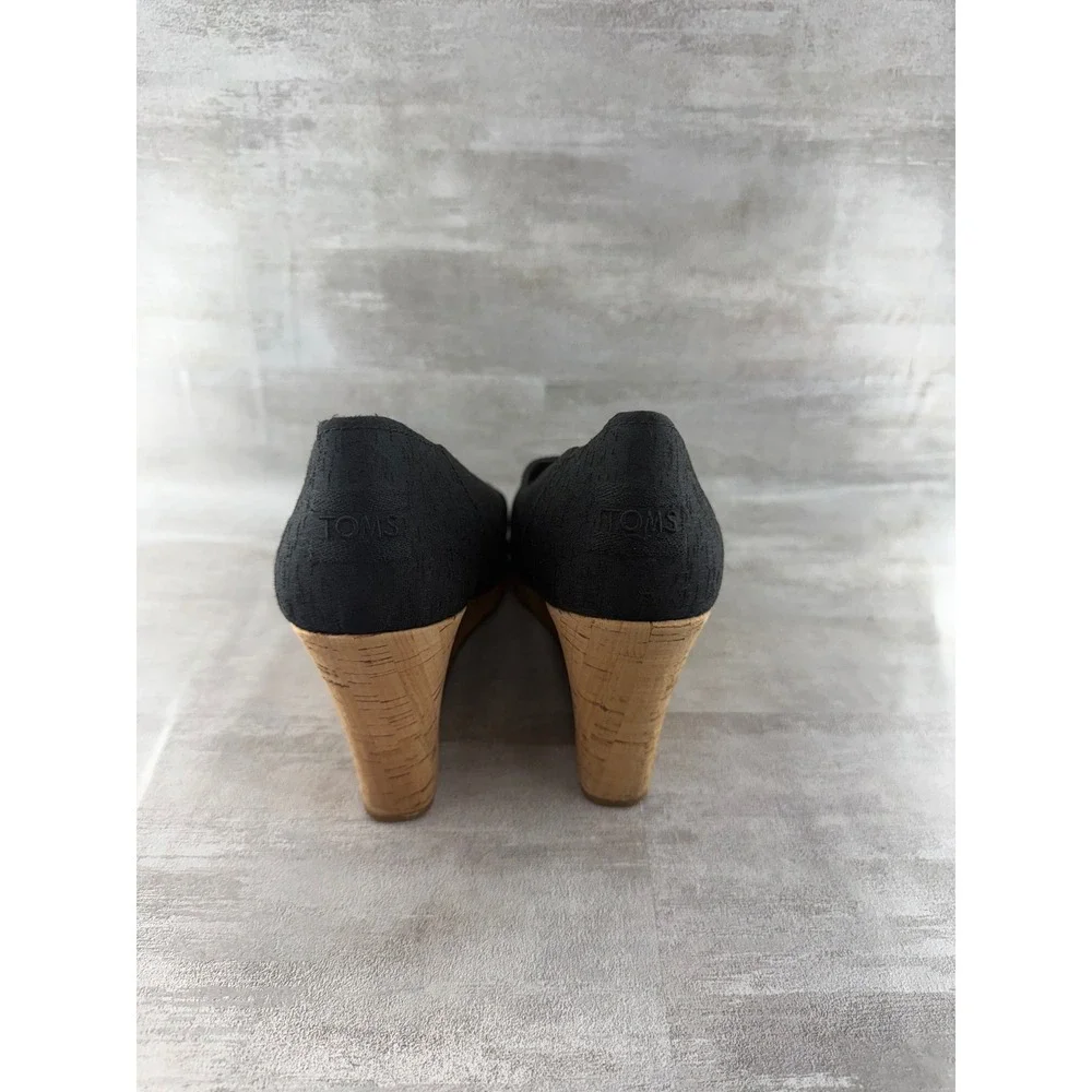 TOMS Women Black Canvas Peep Toe Cork Wedge Sandals Platform Shoes Sz 9.5